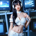 Mu Yao, a trendy Asian woman with long black hair, is a full-body silicone sex doll.