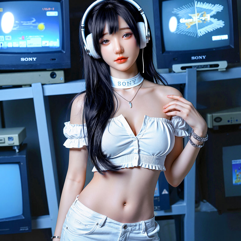Mu Yao, a trendy Asian woman with long black hair, is a full-body silicone sex doll.