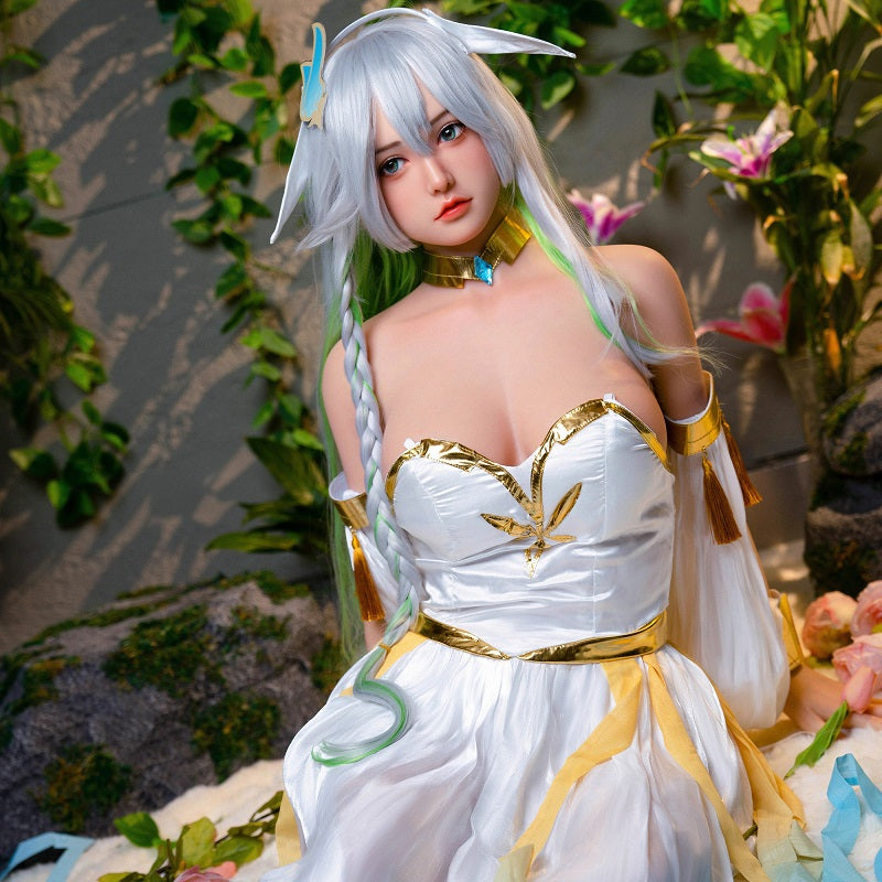 Loli, with long white hair, evokes anime/cosplay vibes; full-body silicone sex doll.