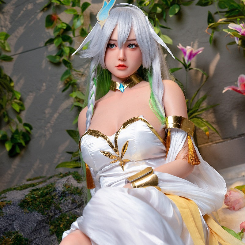 Loli, with long white hair, evokes anime/cosplay vibes; full-body silicone sex doll.