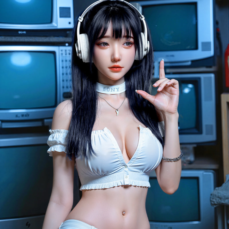 Mu Yao, a trendy Asian woman with long black hair, is a full-body silicone sex doll.