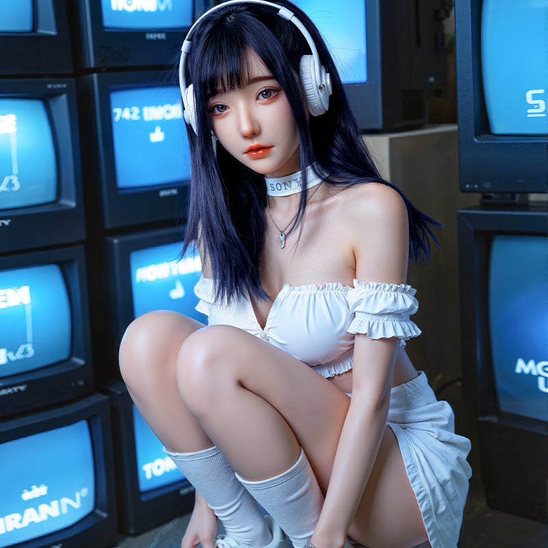 Mu Yao, a trendy Asian woman with long black hair, is a full-body silicone sex doll.
