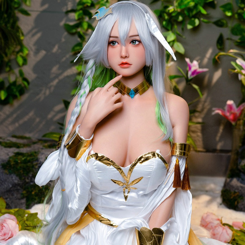 Loli, with long white hair, evokes anime/cosplay vibes; full-body silicone sex doll.