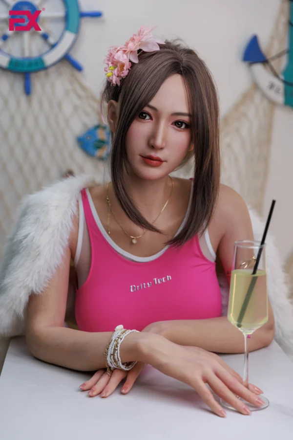 Evelyn, brown-haired, voluptuous, large-breasted, full-body silicone sex doll.