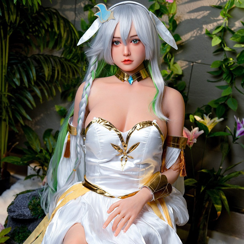 Loli, with long white hair, evokes anime/cosplay vibes; full-body silicone sex doll.