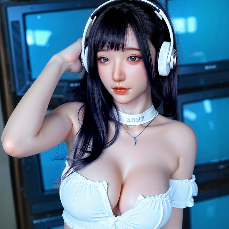 Mu Yao, a trendy Asian woman with long black hair, is a full-body silicone sex doll.
