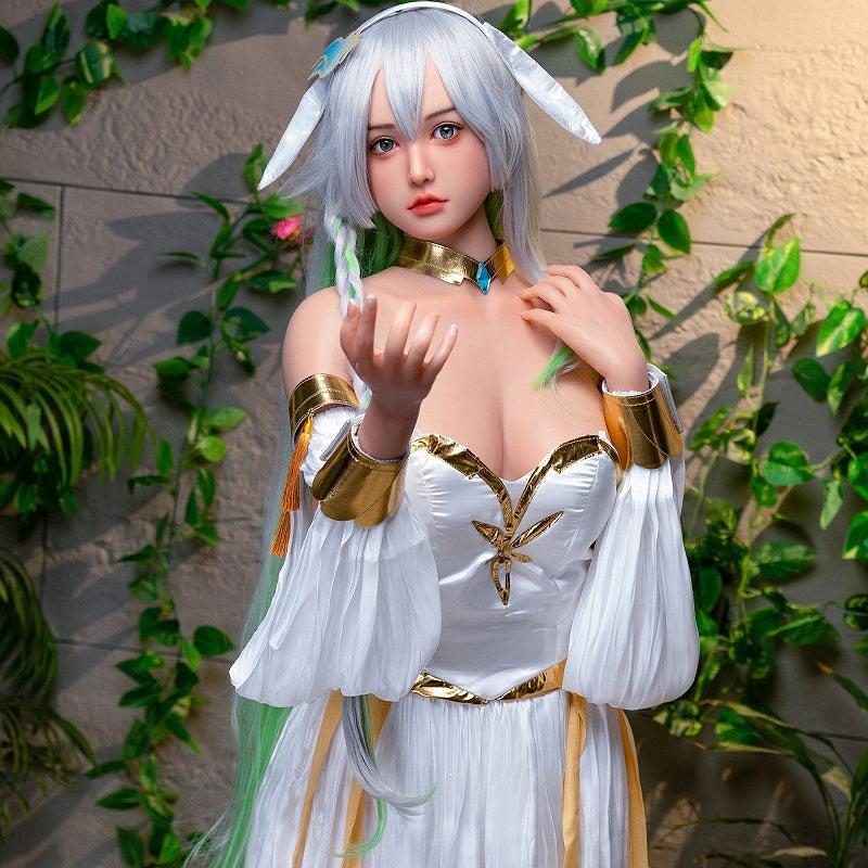 Loli, with long white hair, evokes anime/cosplay vibes; full-body silicone sex doll.