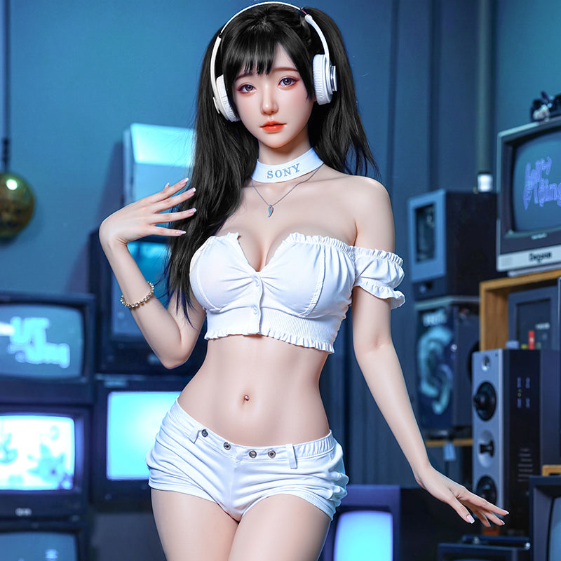 Mu Yao, a trendy Asian woman with long black hair, is a full-body silicone sex doll.