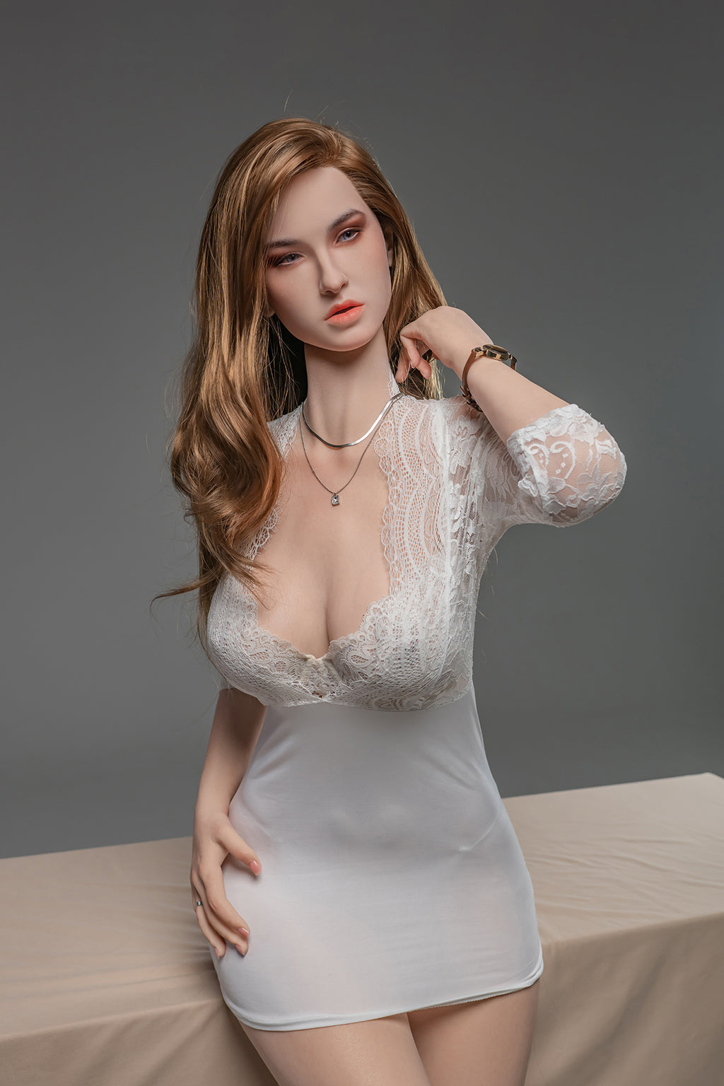 AW-3   Vanessa 157cm G-Cup Silicone Lifesize European Style Long Brown Wavy Hair White Lace Dress Full Body