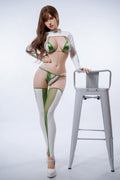 AA-6   Lulu  G-Cup Silicone Lifesize Racing Girl Style Long Brown Wavy Hair Green White Bikini Outfit Full Body Poseable Companion Doll
