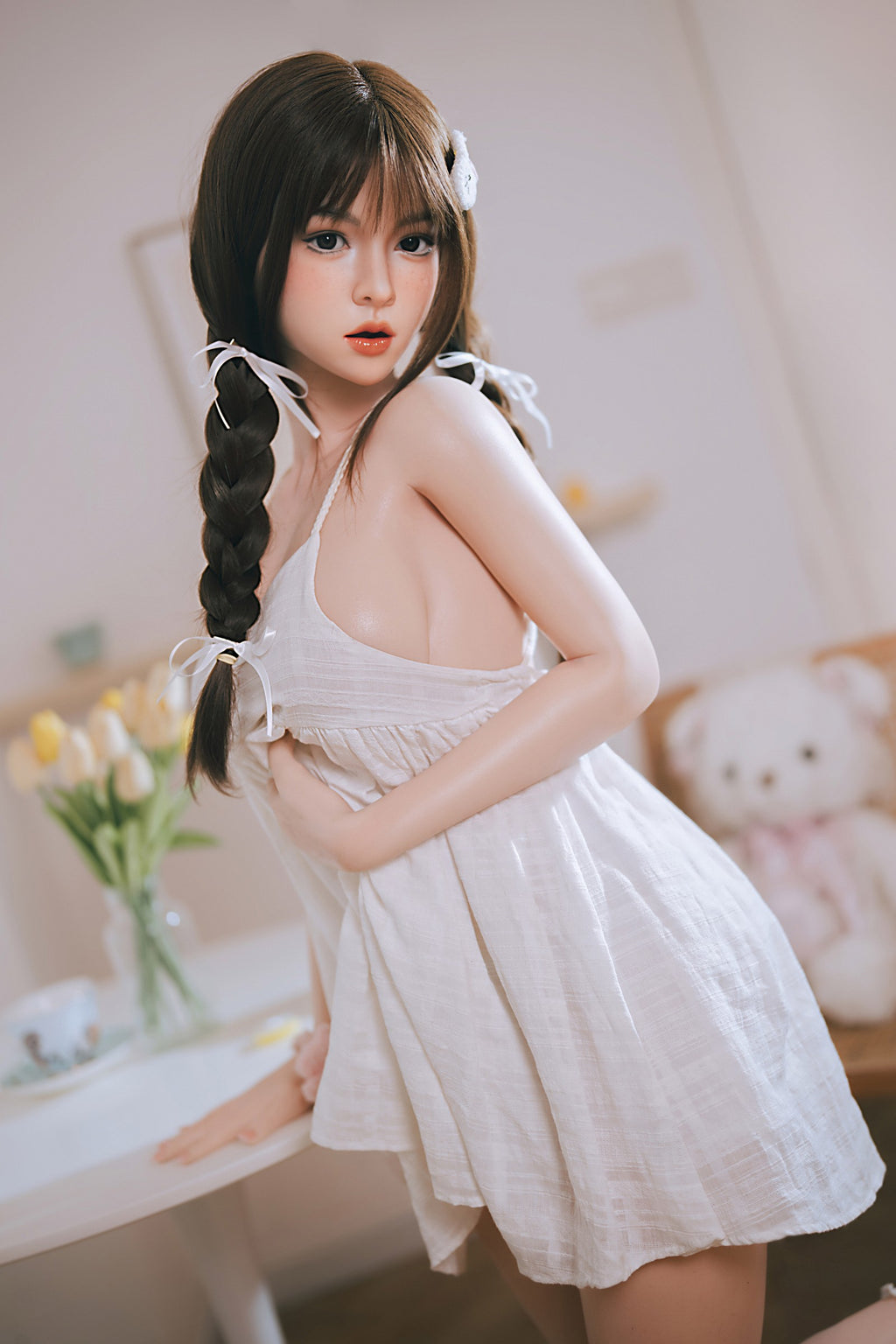 AM-3  Nami-2 151cm D-Cup Silicone Lifesize Cute Braid Girl White Slip Dress Full Body Poseable Companion Doll