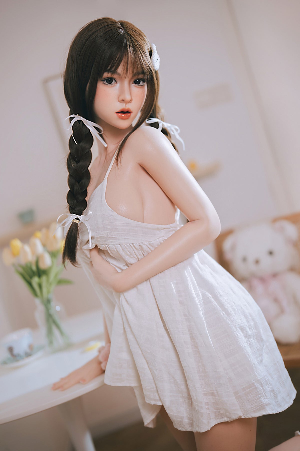 AM-3  Nami-2 151cm D-Cup Silicone Lifesize Cute Braid Girl White Slip Dress Full Body Poseable Companion Doll