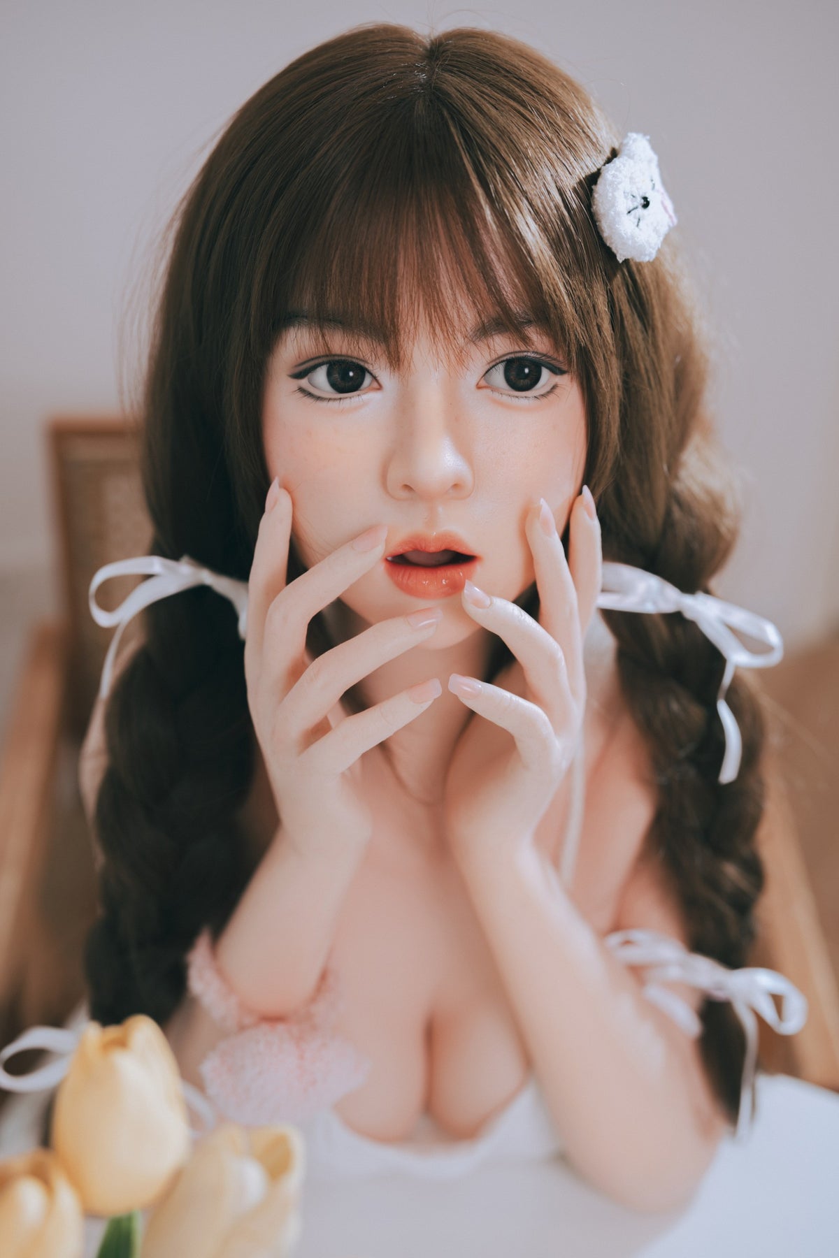 AM-3  Nami-2 151cm D-Cup Silicone Lifesize Cute Braid Girl White Slip Dress Full Body Poseable Companion Doll