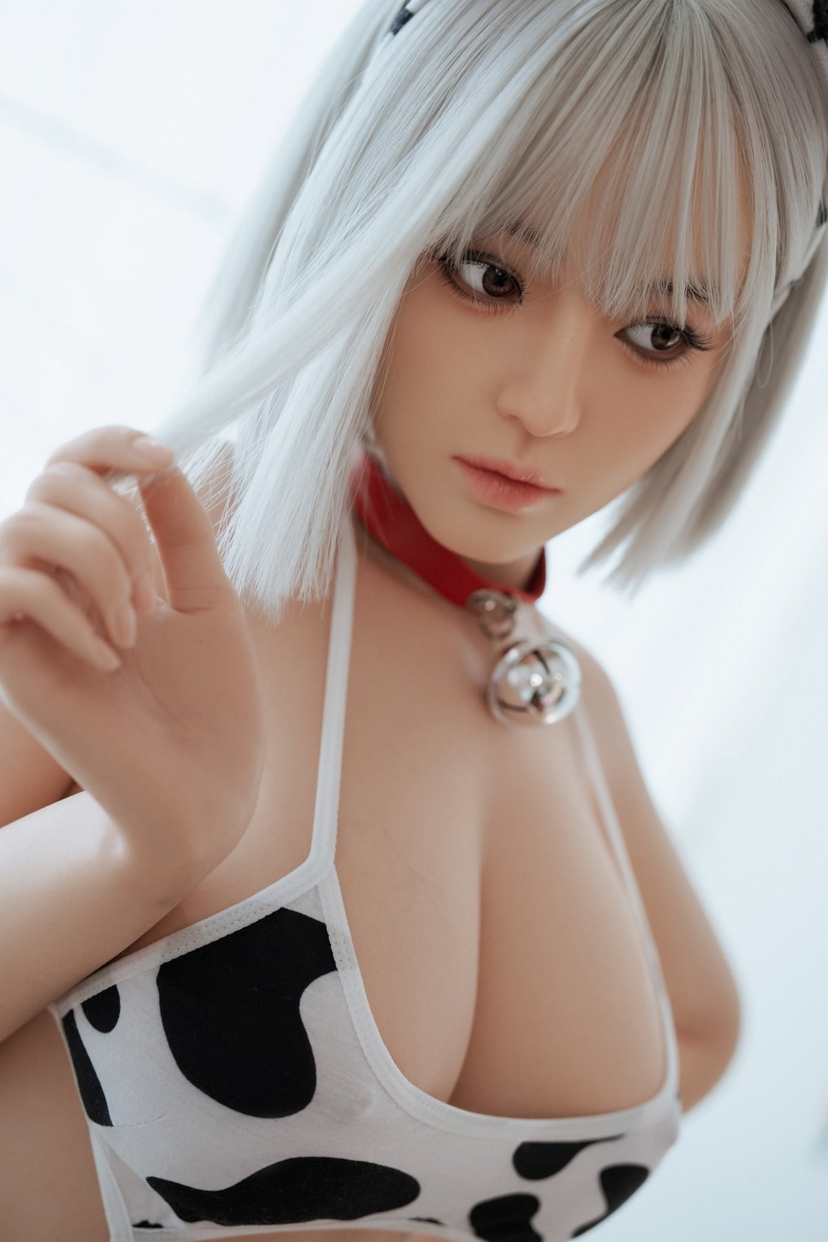 AD-6  Koe  F-Cup Silicone Lifesize Cute Cow Cosplay Style Silver Short Hair Cow Print Bodysuit Full Body Poseable Companion Doll