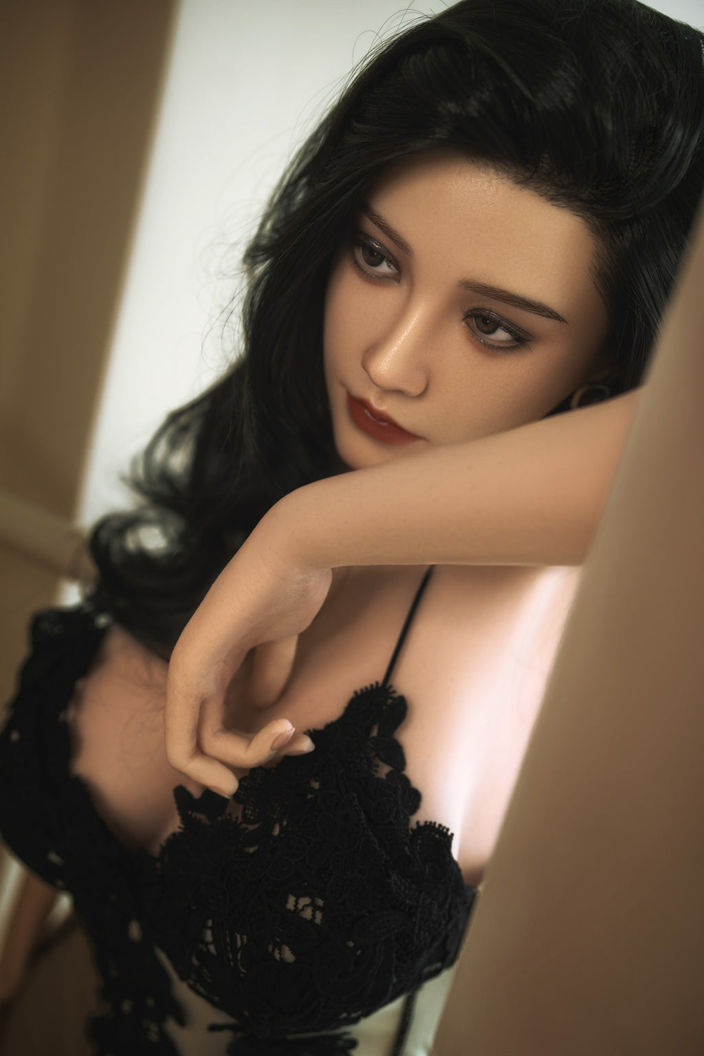 BA-1   Mei  G-Cup Silicone Lifesize Elegant Oriental Style Long Black Wavy Hair Lace Slip Dress Full Body Poseable Companion Doll