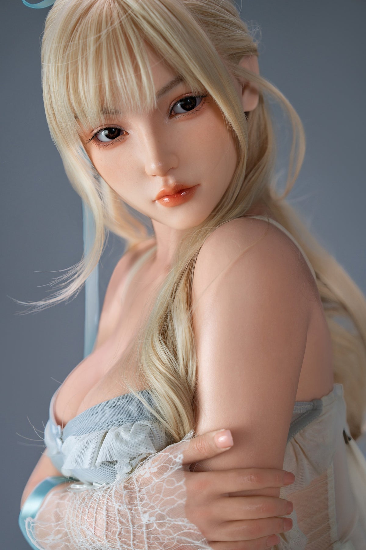 AB-6   Hana  E-Cup Silicone Lifesize Sweet Lolita Style Long Blonde Hair Light Blue Ribbon Ruffle Dress Full Body Poseable Companion Doll
