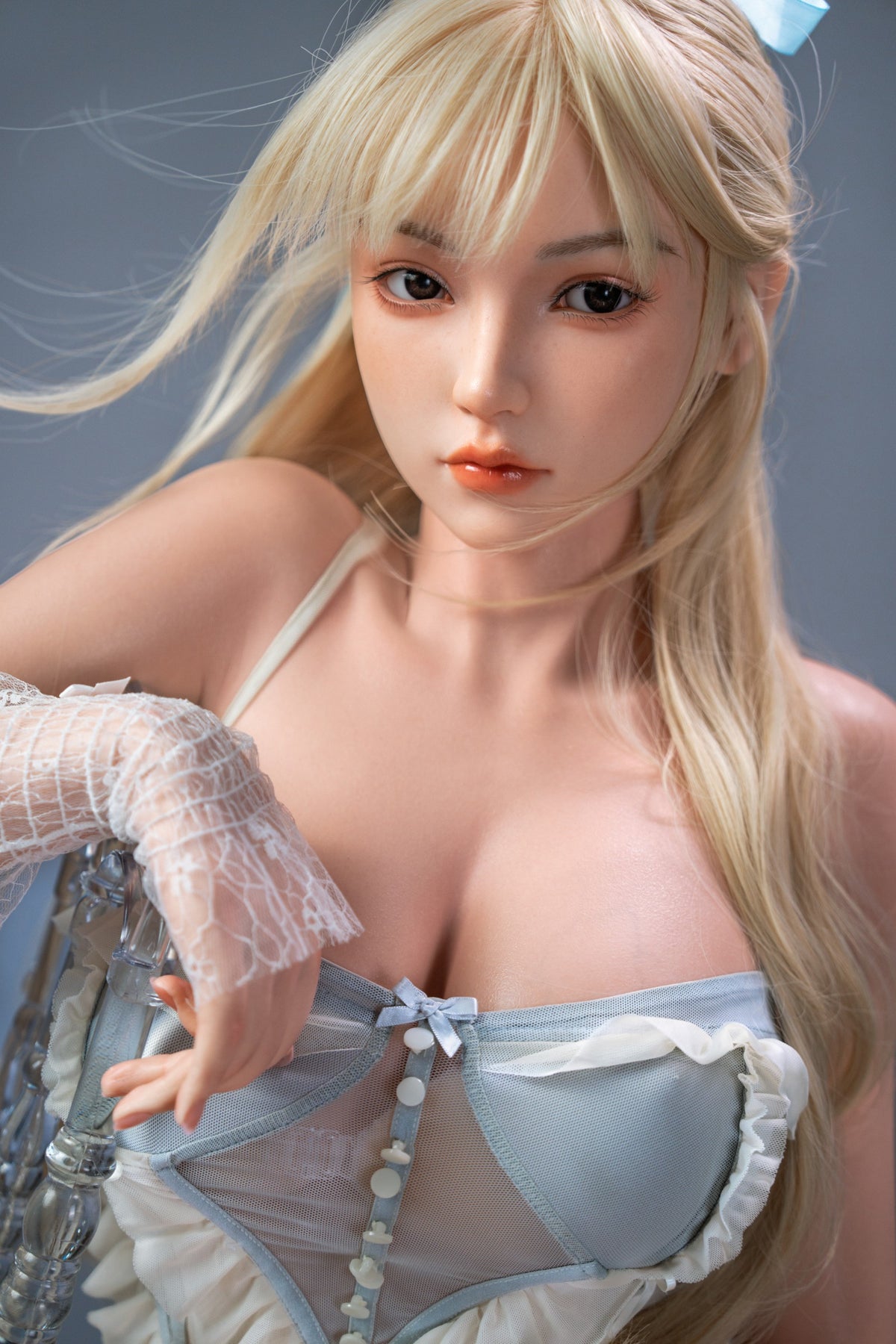 AB-6   Hana  E-Cup Silicone Lifesize Sweet Lolita Style Long Blonde Hair Light Blue Ribbon Ruffle Dress Full Body Poseable Companion Doll