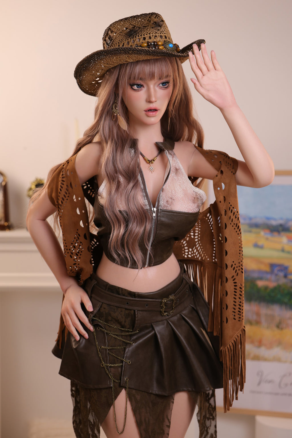AX-3   Daisy  F-Cup Silicone Lifesize Western Cowgirl Style Long Brown Wavy Hair Cowboy Hat Full Body Poseable Companion Doll