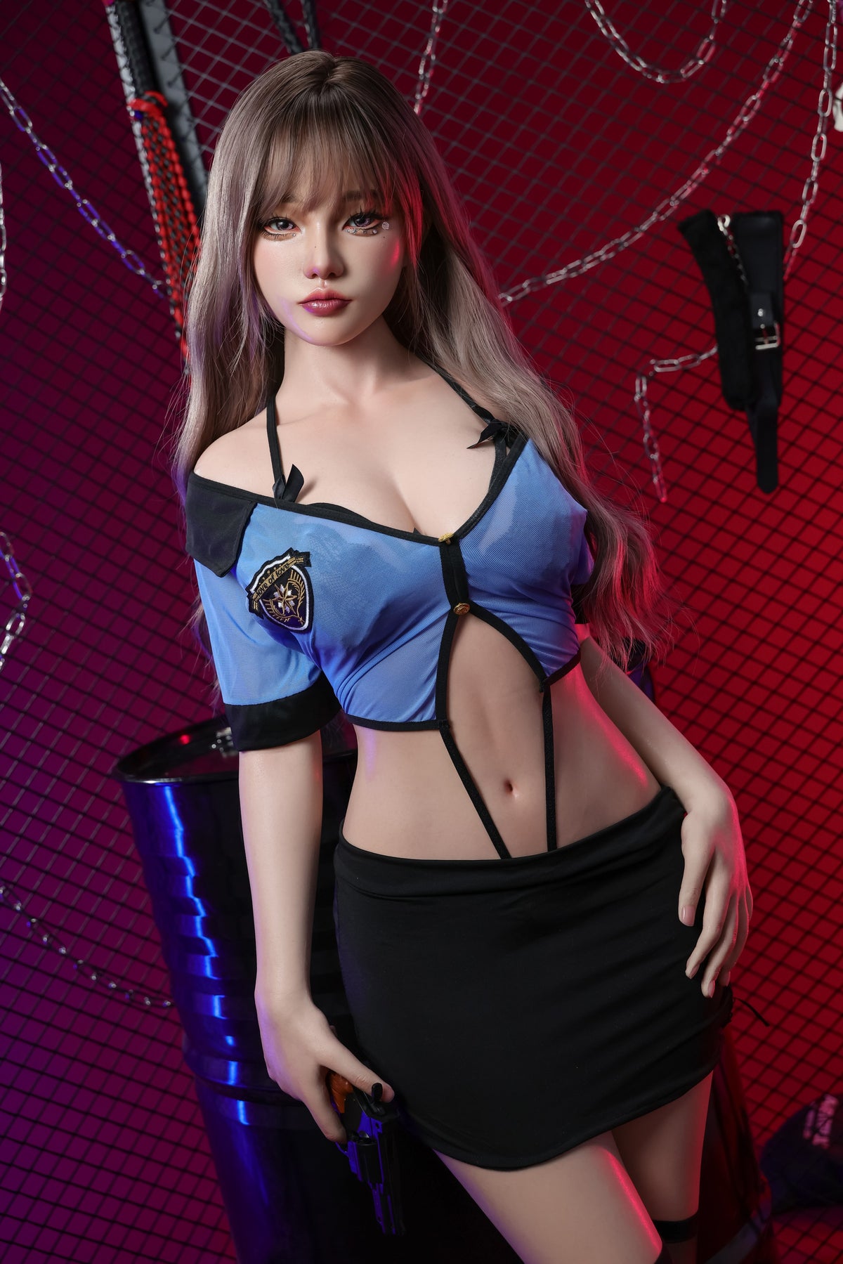 AY-3   Zara G-Cup Silicone Lifesize Cosplay Uniform Style Long Ash Brown Hair Mesh Top Full Body Poseable Companion Doll