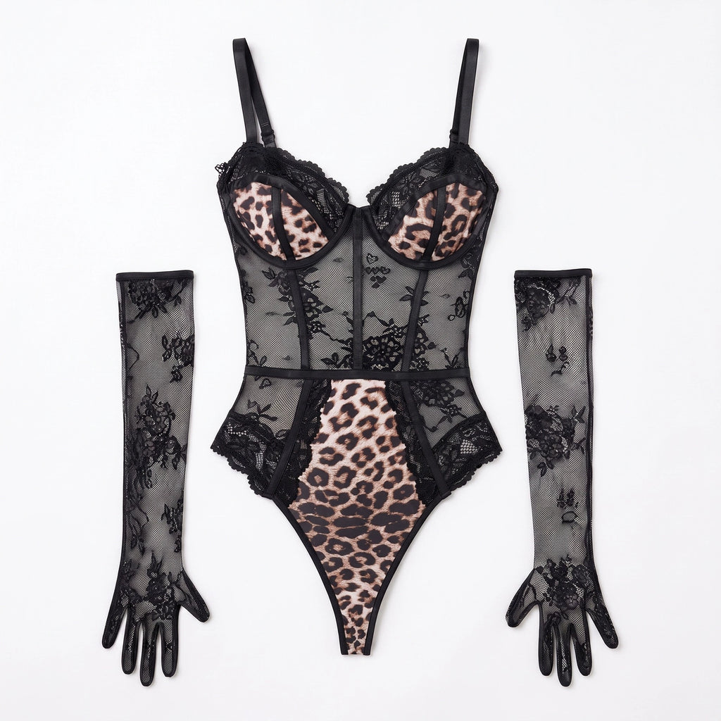 Seductive, stunning leopard-print lace bodysuit with underwire—a daring, hot piece that doubles as stylish outerwear.