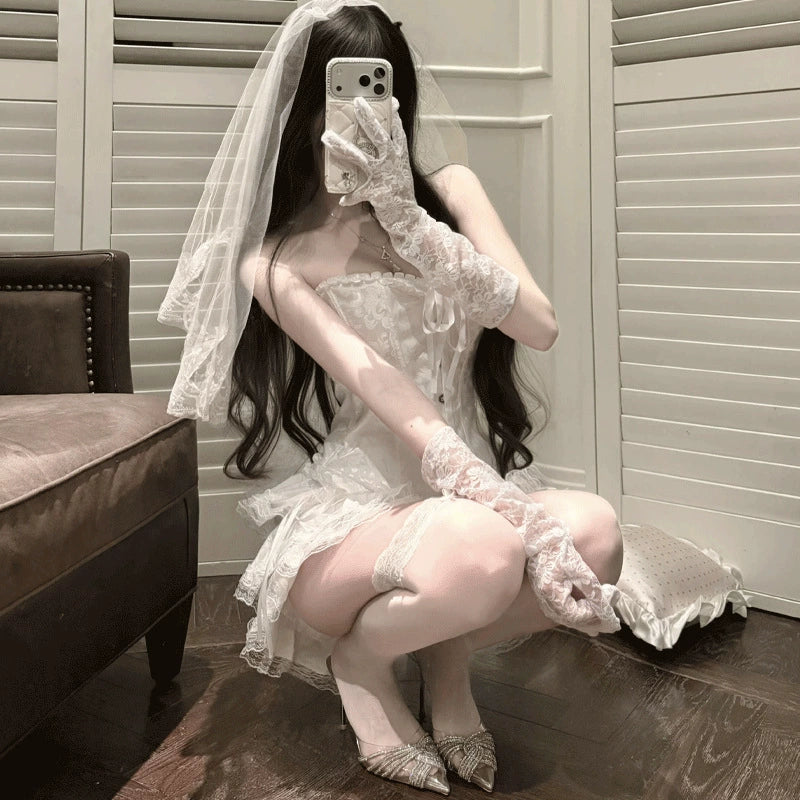 White Lace Bride Lingerie Set, Corset Dress with Veil & Gloves