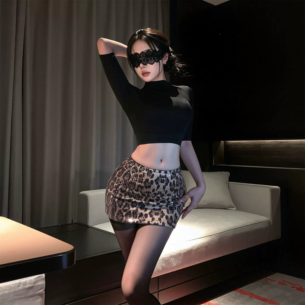 High Neck Crop Top & Leopard Mini Skirt Lingerie Set
