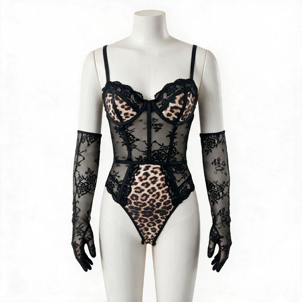 Seductive, stunning leopard-print lace bodysuit with underwire—a daring, hot piece that doubles as stylish outerwear.