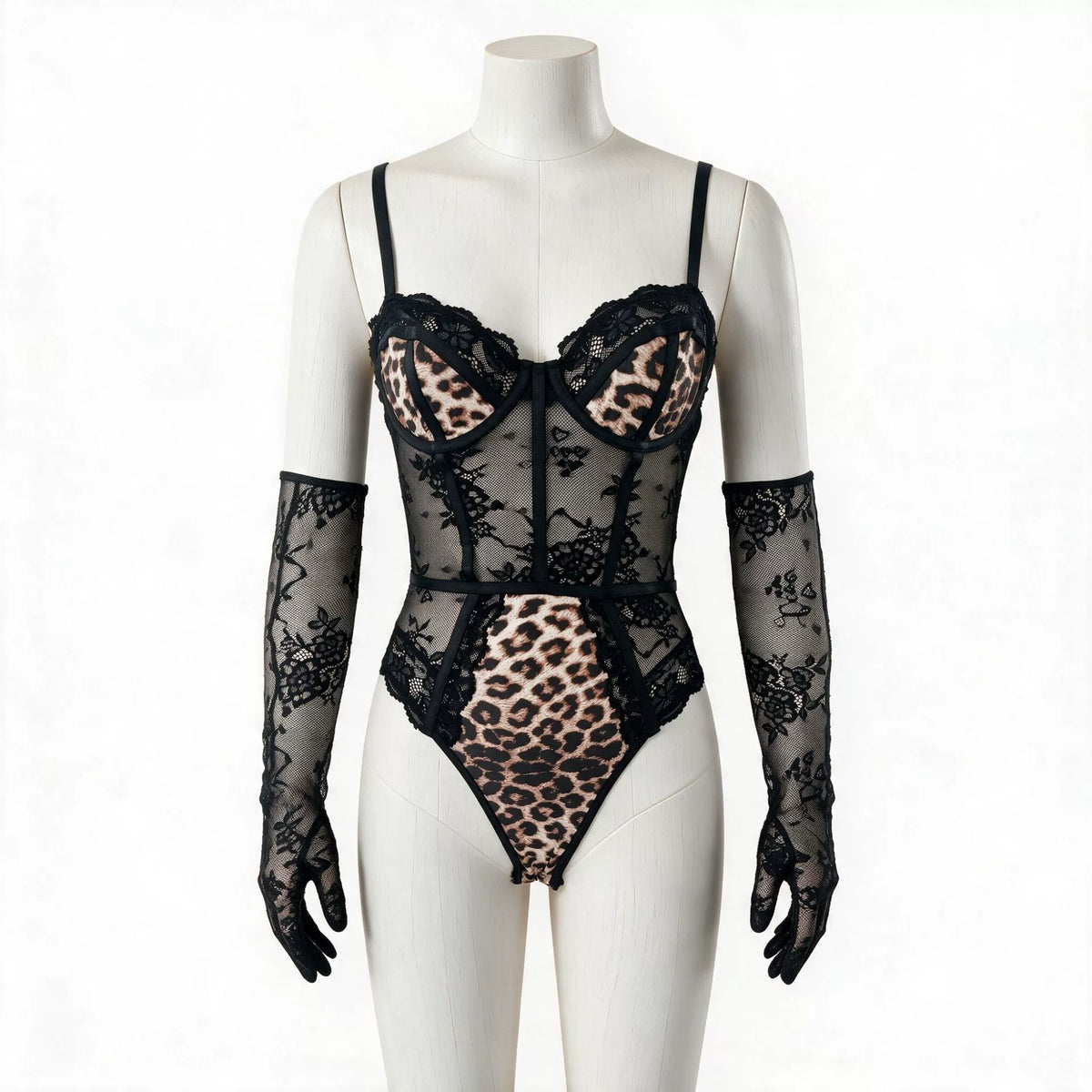Seductive, stunning leopard-print lace bodysuit with underwire—a daring, hot piece that doubles as stylish outerwear.
