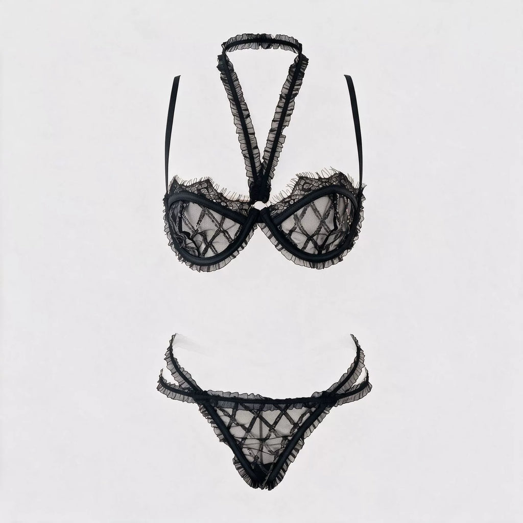 New French-style sexy lingerie set featuring a geometric grid-patterned mesh bra with sequin detailing and lettuce-edge trim, designed to minimize the appearance of a larger bust.