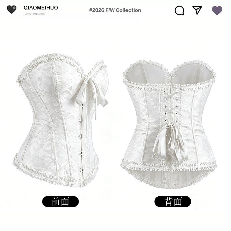 White Lace Bride Lingerie Set, Corset Dress with Veil & Gloves