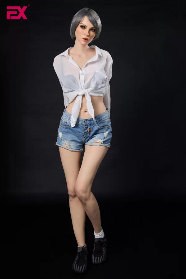 Scarlett, a mature, gray-haired, large-breasted silicone sex doll.