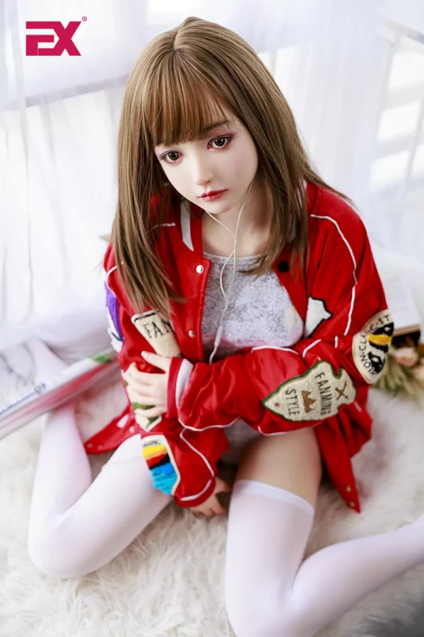 Ruby, a 150cm tall, ultra-realistic platinum-grade silicone sex doll, resembling a girl next door.