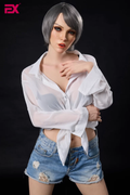 Scarlett, a mature, gray-haired, large-breasted silicone sex doll.