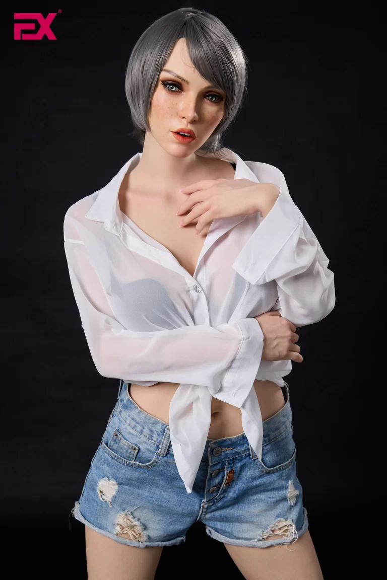 Scarlett, a mature, gray-haired, large-breasted silicone sex doll.
