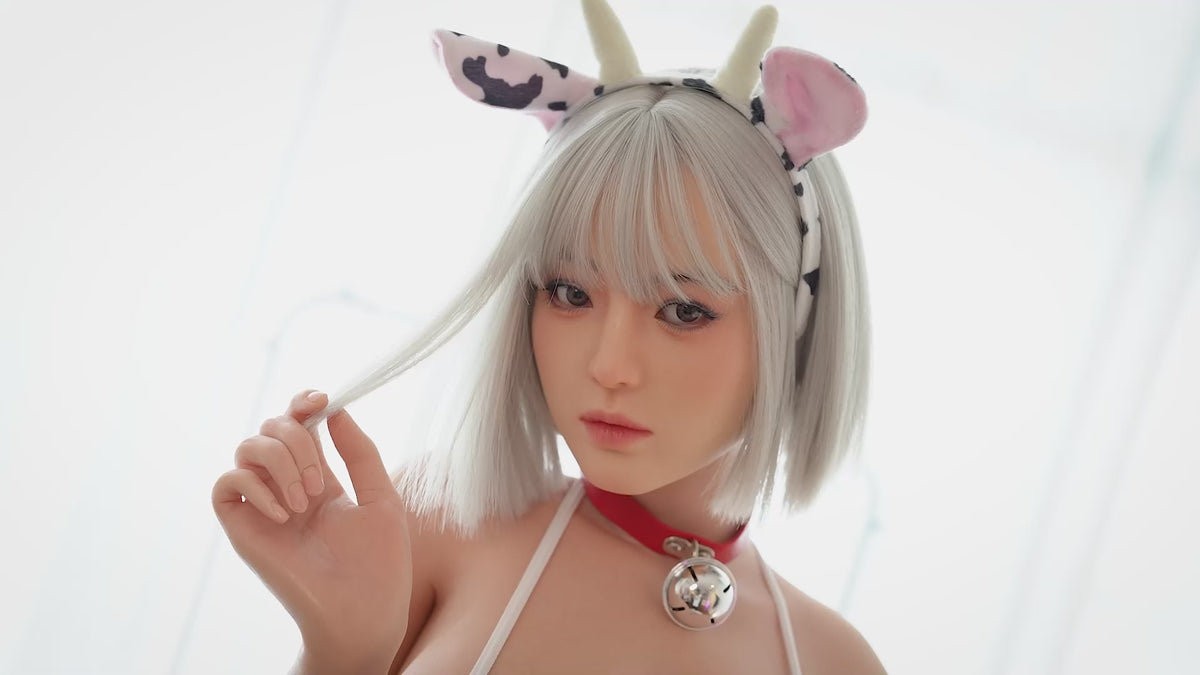 AD-6  Koe  F-Cup Silicone Lifesize Cute Cow Cosplay Style Silver Short Hair Cow Print Bodysuit Full Body Poseable Companion Doll