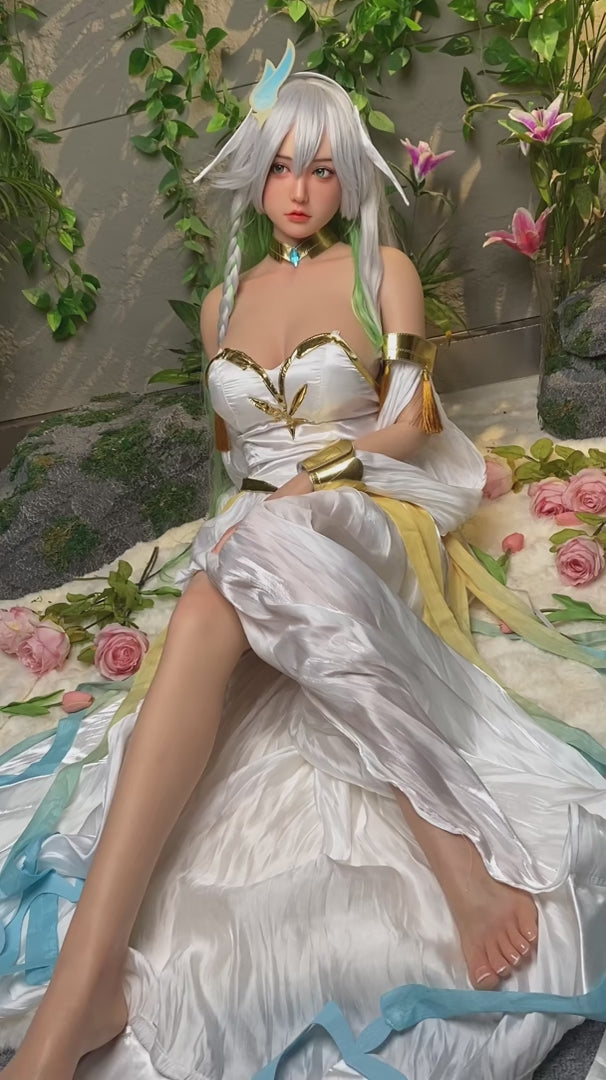 Loli, with long white hair, evokes anime/cosplay vibes; full-body silicone sex doll.