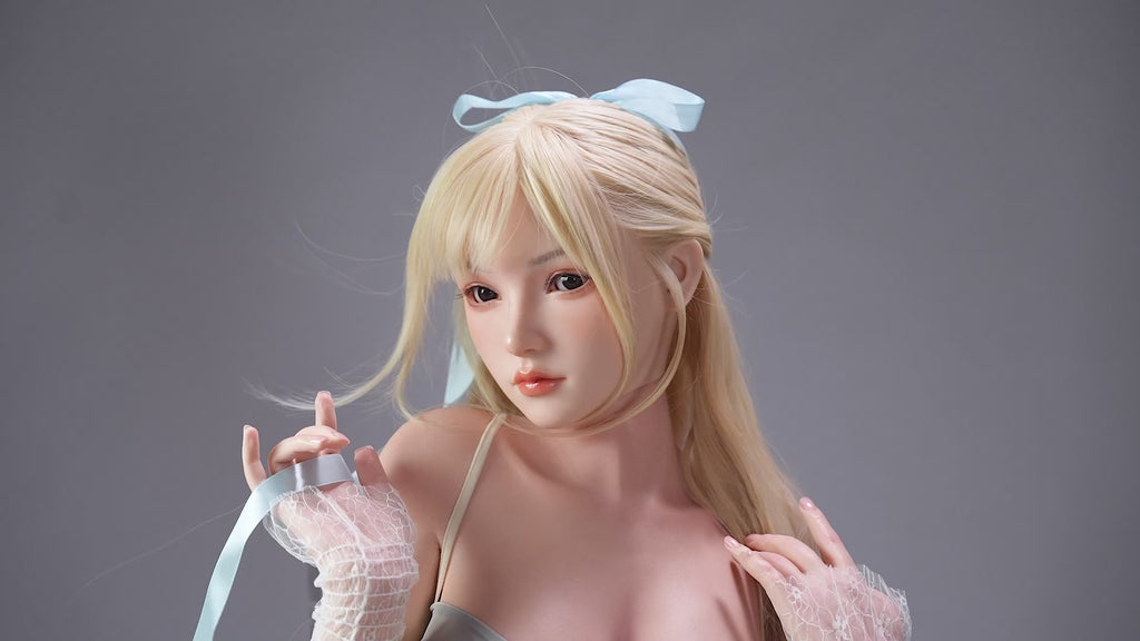 AB-6   Hana  E-Cup Silicone Lifesize Sweet Lolita Style Long Blonde Hair Light Blue Ribbon Ruffle Dress Full Body Poseable Companion Doll