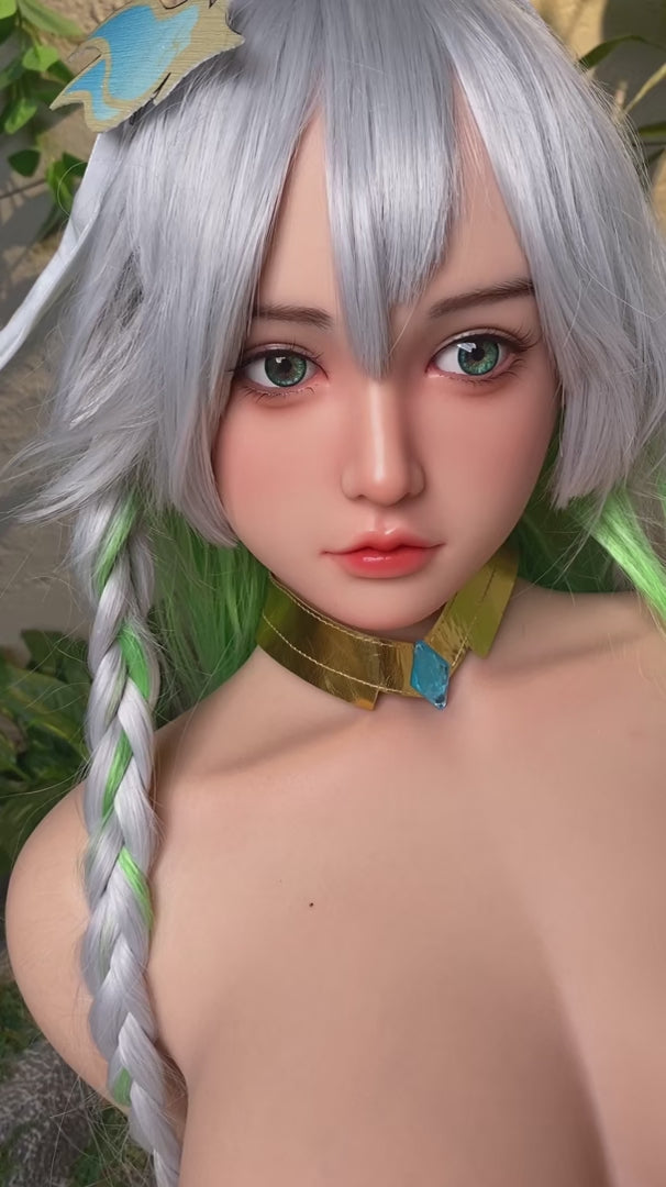 Loli, with long white hair, evokes anime/cosplay vibes; full-body silicone sex doll.