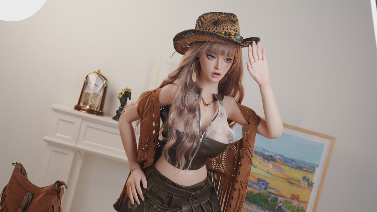 AX-3   Daisy  F-Cup Silicone Lifesize Western Cowgirl Style Long Brown Wavy Hair Cowboy Hat Full Body Poseable Companion Doll